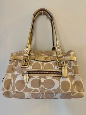 Coach Signature Canvas Handbag, beige, and cream with Gold Accents, J0893-13290